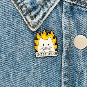 🤩This Is Fine Cat On Fire Sipping Tea Enamel Pin Animal Broch White Cat New Oz